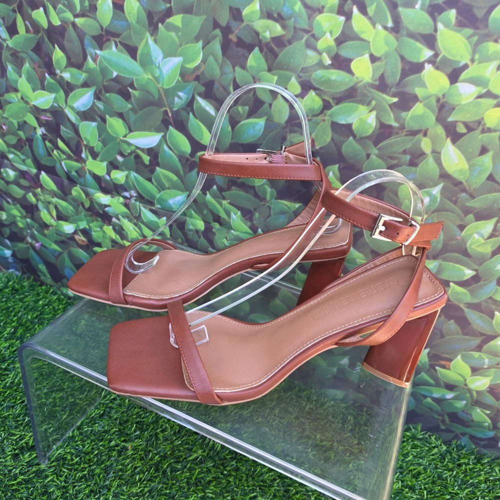 Gabrielle Union Womens Cognac Brown Square Toe Ankle Strap Block Heel Sandals 7